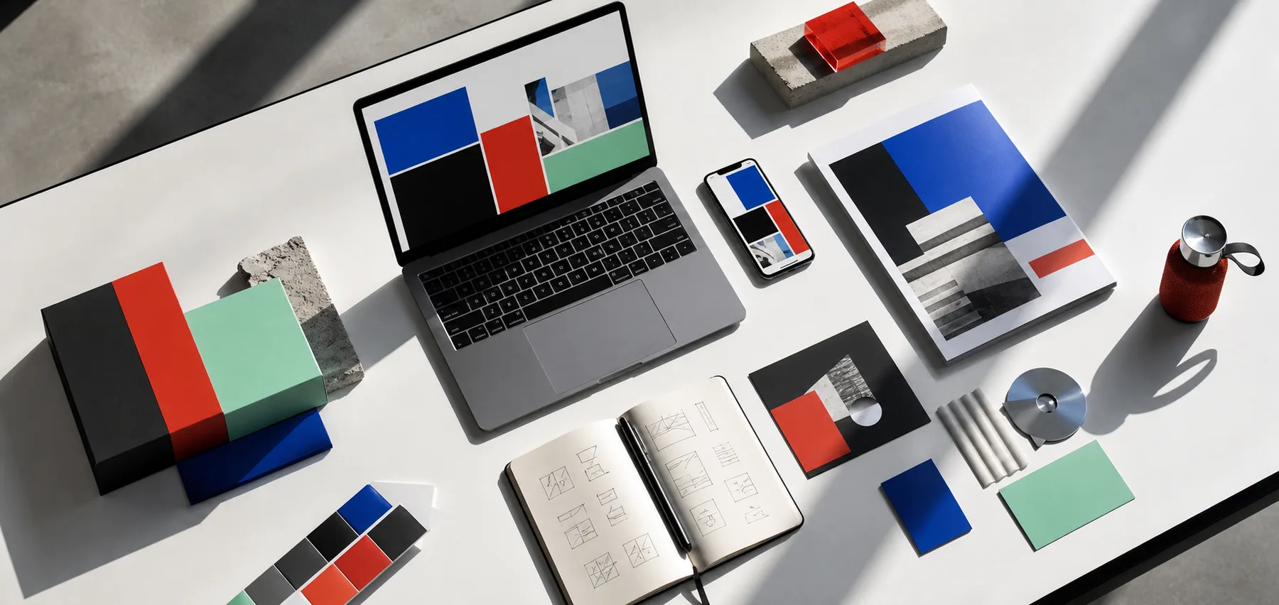 Studio table with devices, sketches, and brand materials