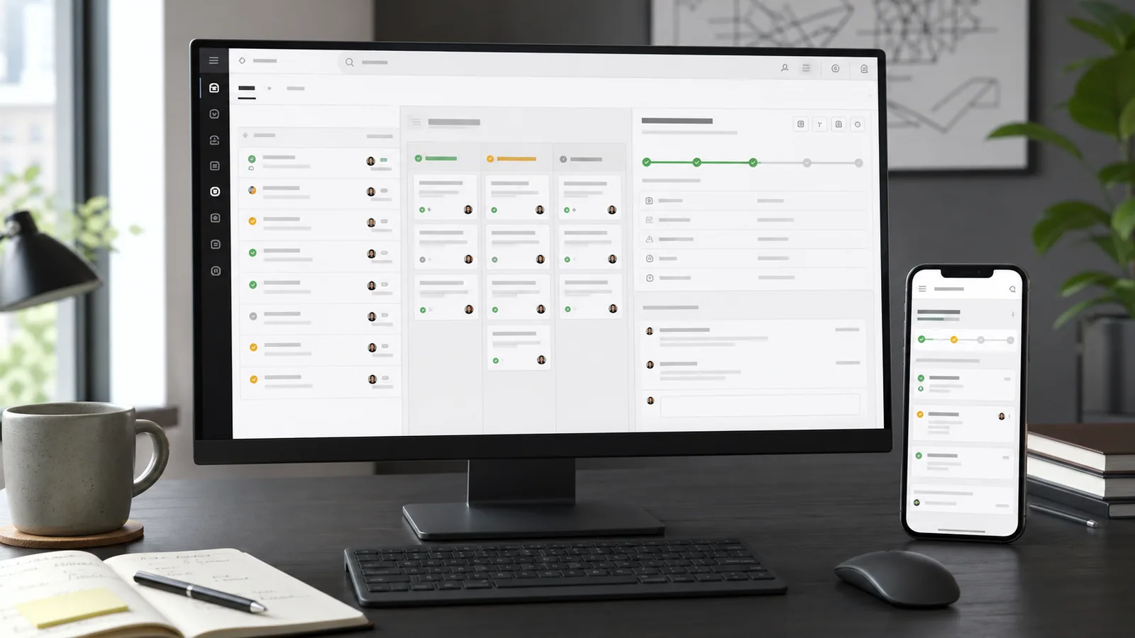 Sistema interno de trabajo mostrado en computadora y teléfono